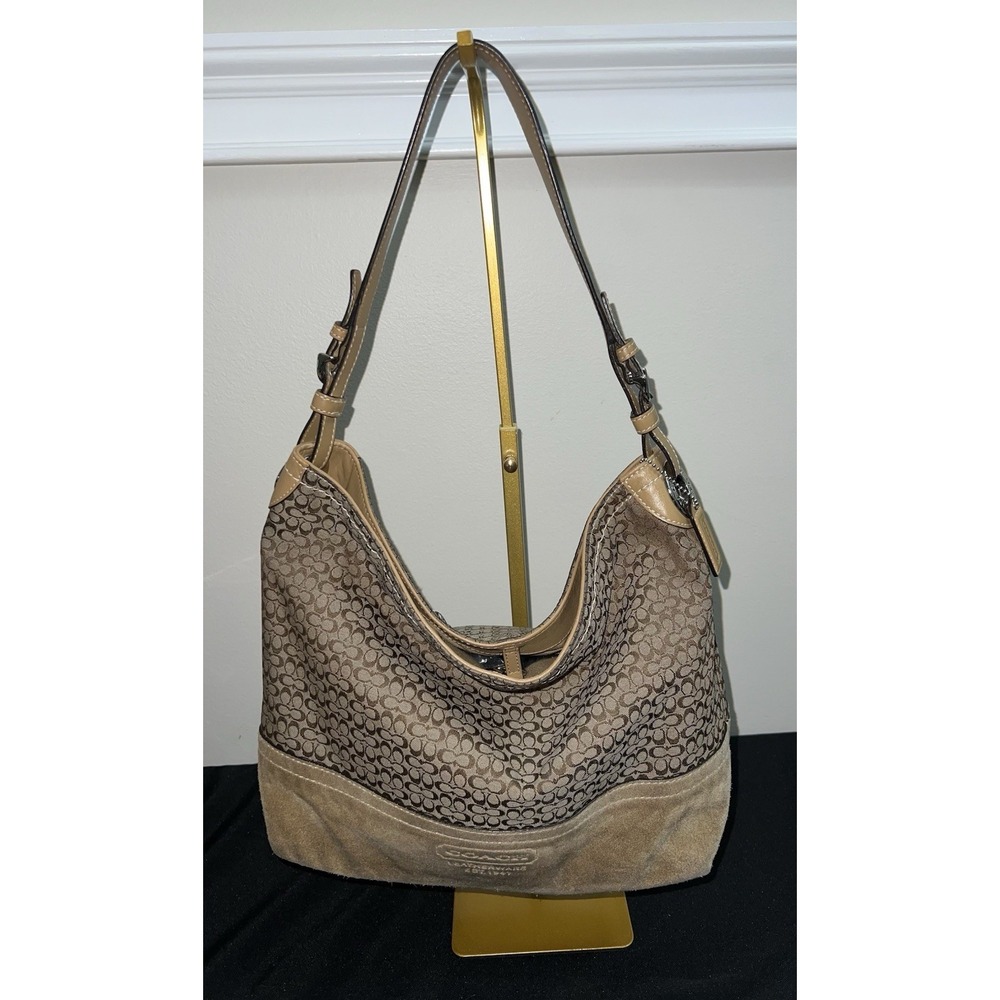 Coach Signature Brown Canvas Suede Hobo Shoulder Bag